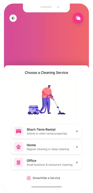 Cleanster app home screen for choosing a cleaning service