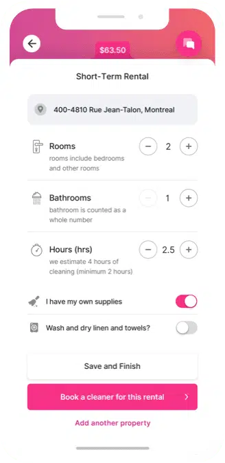 Cleanster app screen for setting rooms, bathrooms and hours