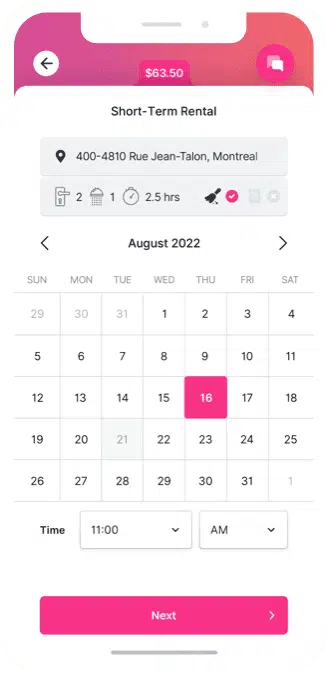 Cleanster app calendar for choosing a cleaning date