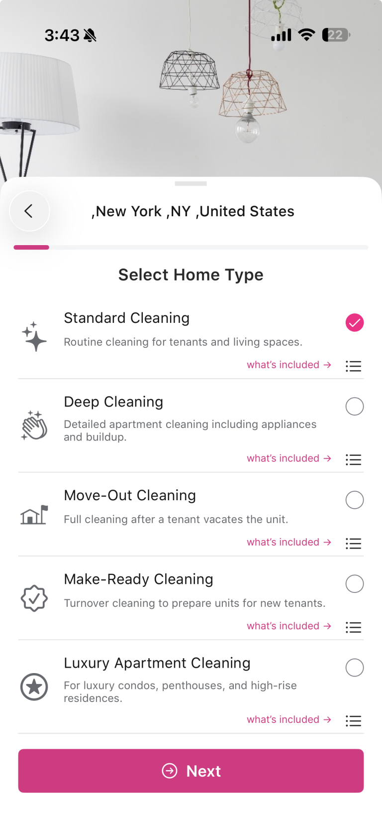 Cleanster app screen for selecting a home type and cleaning service